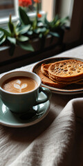 Cozy breakfast nook with coffee and bread. 
