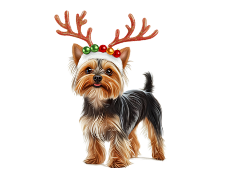Yorkshire Terrier Dog in Christmas Day Festival wearing Reindeer hat standing with a isolated on transparent background PNG