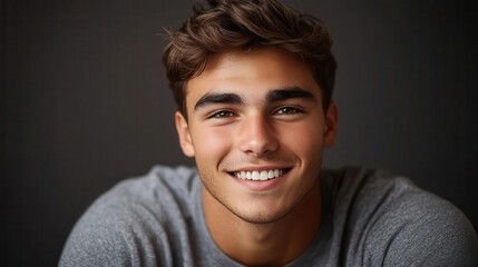 Fototapeta premium professional portrait of a handsome young man with a bright smile and perfect teeth, captured in a studio setting, exuding confidence and charm, ideal for advertising and web design purposes