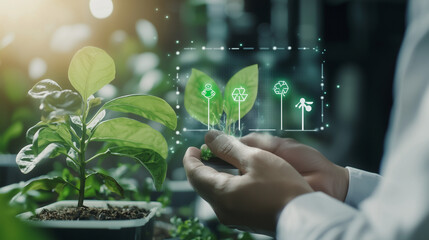 Businessman Analyzing Environmental Goals on Digital Screen