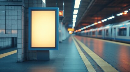 Blank billboard ad on a subway platform with train in background.