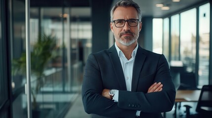 Fototapeta premium proud mid-aged ceo standing confidently in a modern office, arms crossed, with a contemplative look, symbolizing leadership, success, and the journey of a seasoned professional