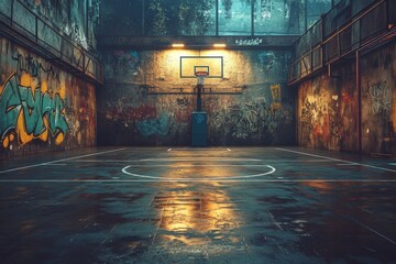 Abandoned Urban Basketball Court with Graffiti and Streetlights
