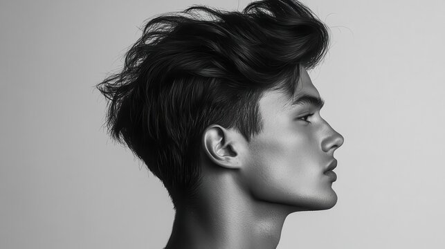 profile view of a man with a textured quiff hairstyle, showcasing volume and natural flow, effortlessly styled with a modern touch that highlights individuality