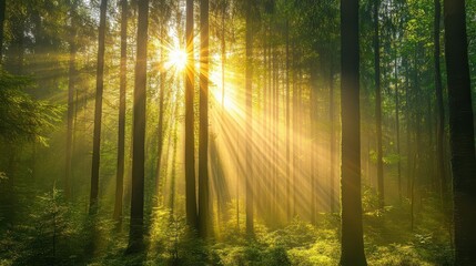 Obraz premium radiant light streams through a dense forest, illuminating the vibrant foliage in an ethereal glow. sunbeams create a magical atmosphere filled with deep greens and soft golds