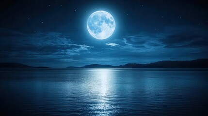 radiant night sky filled with brilliance of a full moon reflecting over tranquil water, casting silver hues on the surface, evoking serenity and peace