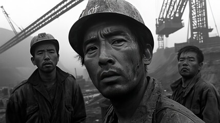 Obraz premium Close-Up Portrait of Chinese Workers at 1980s Reservoir Construction Site, Black and White
