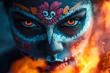 Fototapeta premium Close-Up of Woman with Sugar Skull Makeup and Fiery Eyes, Surrounded by Flames for Day of the Dead
