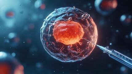 realistic illustration of a fertilized egg cell with a needle, symbolizing in vitro fertilization, captured with intricate detail and scientific accuracy