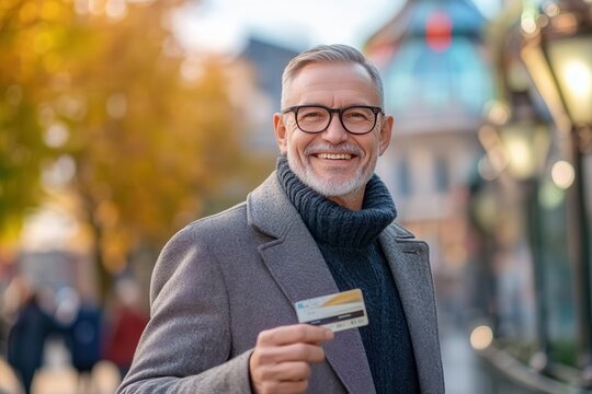 A cheerful 65 year old European grandfather smiles proudly while holding his bank card. Dressed in a stylish gray coat, he stands in front of a contemporary bank building with vibrant stained glass.