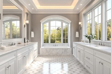 Fototapeta premium Luxurious Modern Bathroom Interior Design with Marble White Cabinets and Natural Light