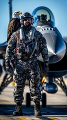 Fototapeta premium American Warrior with Bald Eagle and Fighter Jet, Symbolizing Strength and Freedom