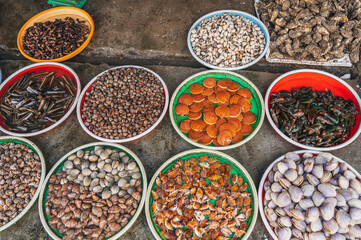 A variety of Fresh edible oysters, clams and scallops at the local market in Nha Trang, Vietnam.