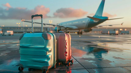 Travel Luggage and Airplane on the Airport Runway: Concept of Travel and Vacation