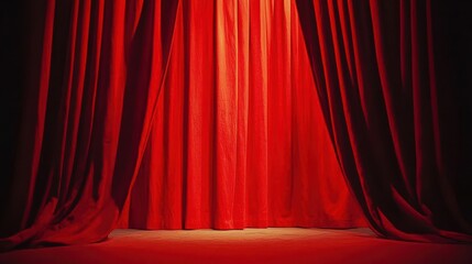 red curtain slightly ajar on a theater or cinema stage, hinting at the excitement and anticipation of a performance, with dramatic lighting enhancing the sense of mystery