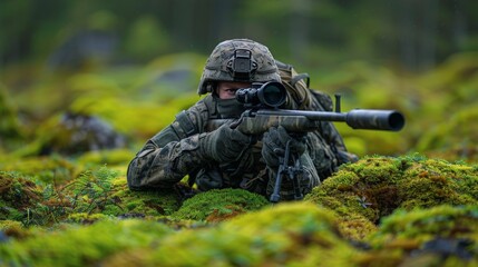 Soldier Aiming Rifle In Dense Woodland Camouflage