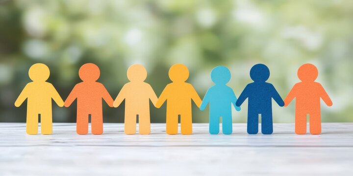 Colorful paper figures holding hands, symbolizing unity and diversity, against a blurred natural background.