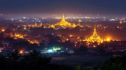 Naklejka premium Golden Pagoda at Night in Bagan, Myanmar
