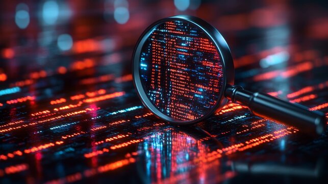 A detailed IT Security Risk Assessment concept is depicted in an abstract technology environment featuring a magnifying glass.
