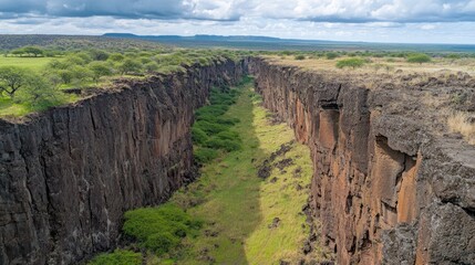 A deep canyon with steep, rocky walls, and a narrow valley floor covered in green vegetation.