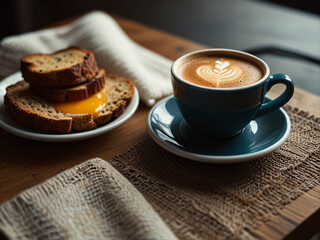 Cozy breakfast nook with coffee and bread. 
