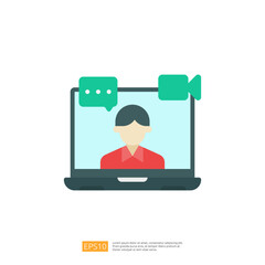 A simple illustration of a laptop displaying a person for video conferencing, with chat bubbles indicating communication.