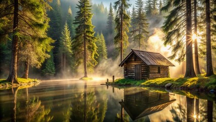 Fototapeta premium Serenity meets solitude in the abandoned cabin, perched amidst ancient pines by a glassy lake.