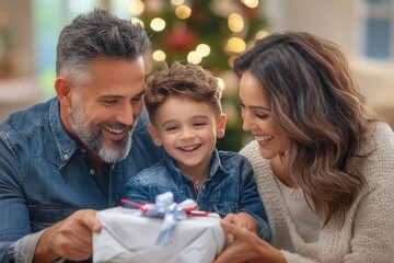 In a warm living room adorned with holiday decorations, joyful parents present a Christmas gift to their excited young son. The glowing tree and soft lighting enhance the precious moment filled with l
