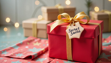 Festively wrapped gift with a "Secret Santa" tag on a vibrant holiday-themed background