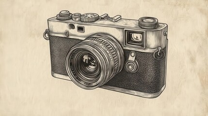 retro-style illustration of a modern photo camera created with intricate engraving techniques, presenting a blend of nostalgia and artistry in photography