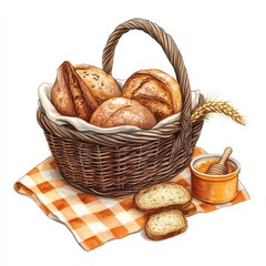 Illustration featuring a basket filled with freshly baked bread alongside a jar of golden honey, set against a crisp white background, evoking a sense of warmth and homemade comfort.Ai Generation