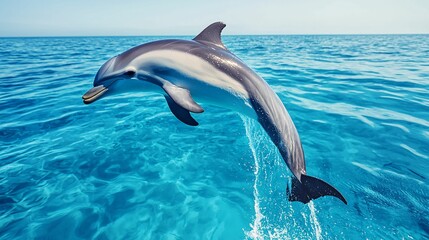 Fototapeta premium A dolphin leaps gracefully above the vibrant blue ocean, showcasing its playful spirit and agility in a stunning marine environment.
