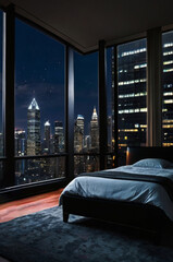 Bedroom interior with a floor to ceiling window overlooking the night city and skyscrapers. New York city view from luxurious apartment