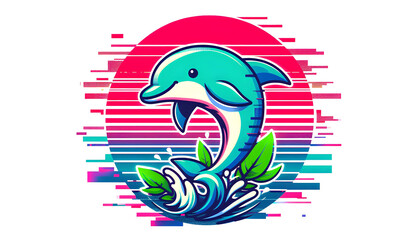 Fototapeta premium Dolphin and Neon Sunset with Tropical Vibes