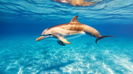 Obraz premium A dolphin gracefully swims through crystal-clear ocean waters, showcasing its streamlined body and playful nature beneath the surface.