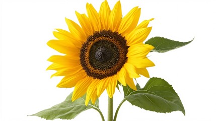A single sunflower with yellow petals and a dark brown center, isolated on a white background. Generative ai