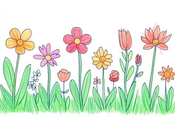 Obraz premium A charming illustration of colorful, childlike flowers drawn by a five-year-old, showcasing a delightful blend of innocence and creativity with their playful and whimsical style.Ai Generation
