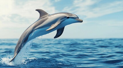Obraz premium A dolphin leaps gracefully above the ocean's surface under a clear blue sky, showcasing its agility and beauty in a vibrant marine environment.