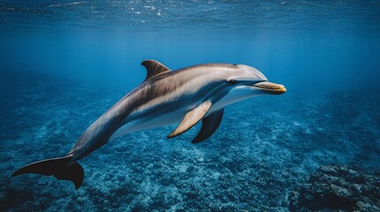 Fototapeta premium A graceful dolphin swims effortlessly through clear blue waters, showcasing its sleek body against a vibrant underwater backdrop.