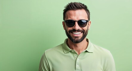 Fototapeta premium Bearded Man with Short Hair Smiling in Polo Shirt and Sunglasses on Light Green Background