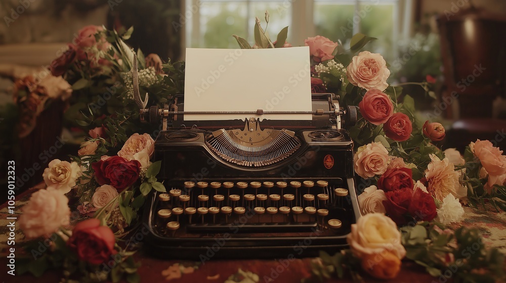 Poster an old-fashioned typewriter with a sheet of paper and floral arrangements around it.