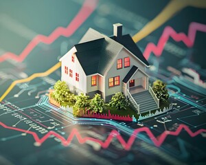 Miniature House on Market Ticker Symbolizing Real Estate Investment Success