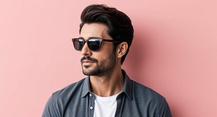 Obraz premium Dark Brown Haired Man in Casual Shirt and Sunglasses on Light Pink Background