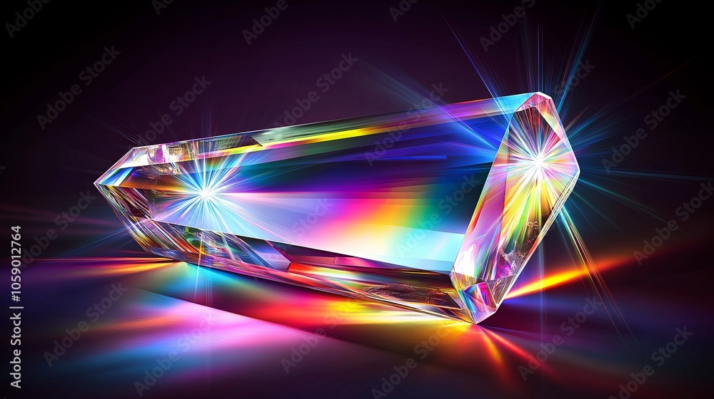 Poster an artistic display of light refractions through a crystal prism, casting rainbow hues on a dark bac