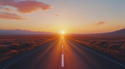 road stretching towards the horizon at sunset, symbolizing a journey of planning and opportunities, with warm orange and pink hues illuminating the path, inviting reflection and ambition