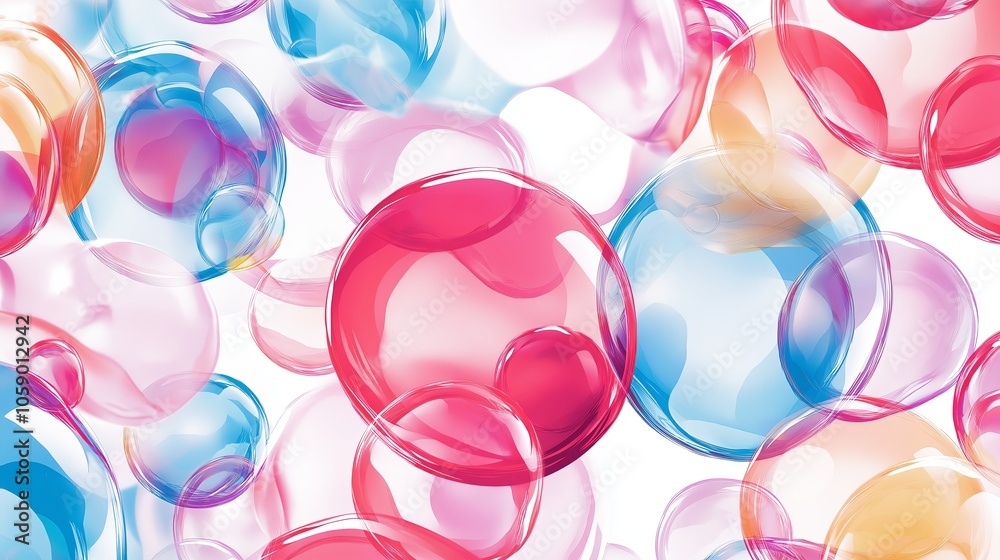 Poster A whimsical pattern of translucent bubbles floating against a white background, catching the light. 