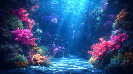 Naklejka premium stunning underwater scene with colorful coral reefs, vibrant marine life, and sun rays illuminating ocean floor, creating serene and magical atmosphere