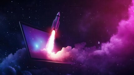 Fototapeta premium rocket launching from a laptop screen against a black and purple cosmic background, symbolizing innovation and futuristic technology, with vibrant colors creating a sense of excitement and adventure