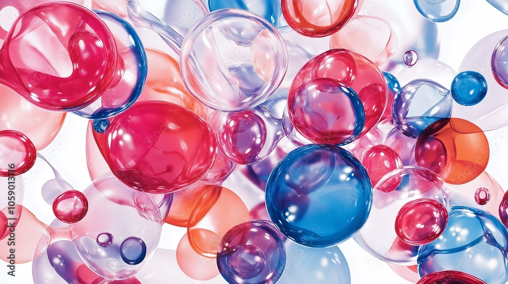 Poster A whimsical pattern of translucent bubbles floating against a white background, catching the light. 