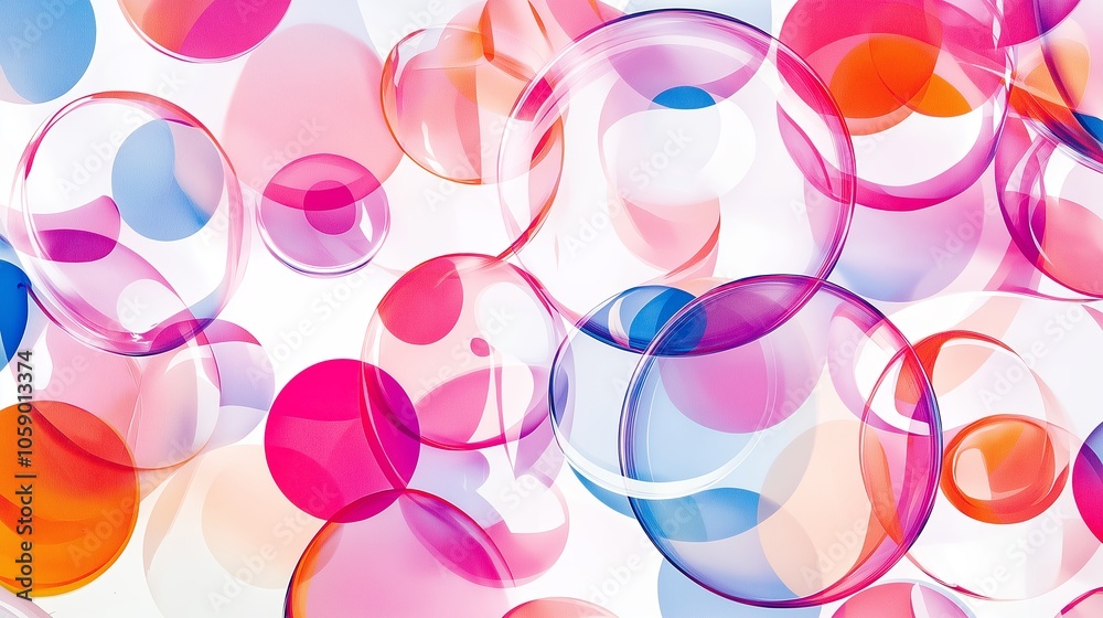 Poster A whimsical pattern of translucent bubbles floating against a white background, catching the light. 